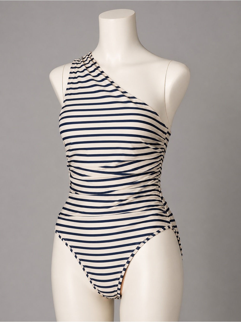 J.Crew Re-Imagined Ruched One Shoulder One-Piece Nautical Striped Swimsuit Sz 14